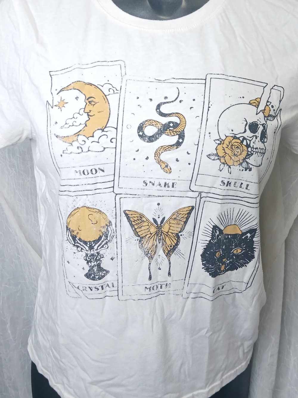 Wound Up White Graphic Tee with Moon, Snake, Skull & Moth Motifs